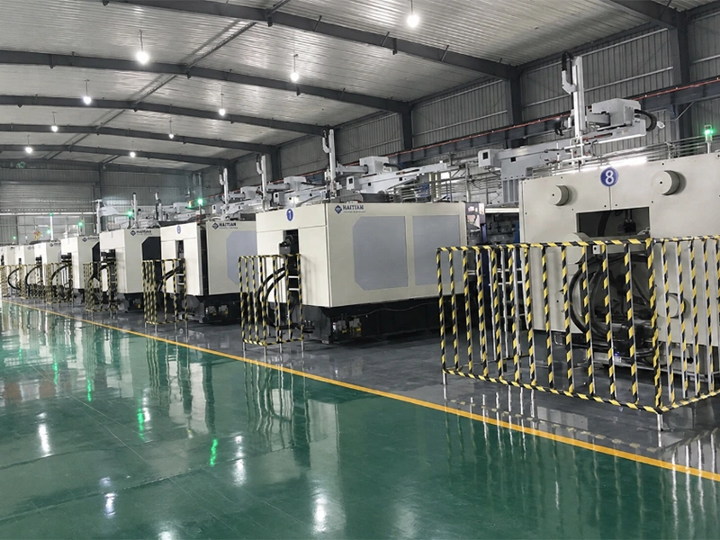 Industrial workshop with rows of production equipment